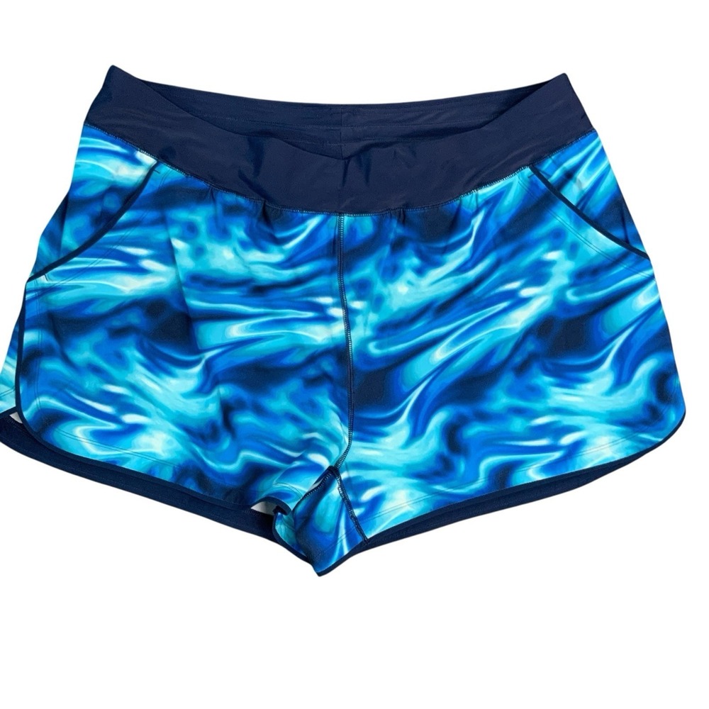 Lands End Womens 22W Blue Marble Swim Board Shorts Pockets Built-in Liner Plus